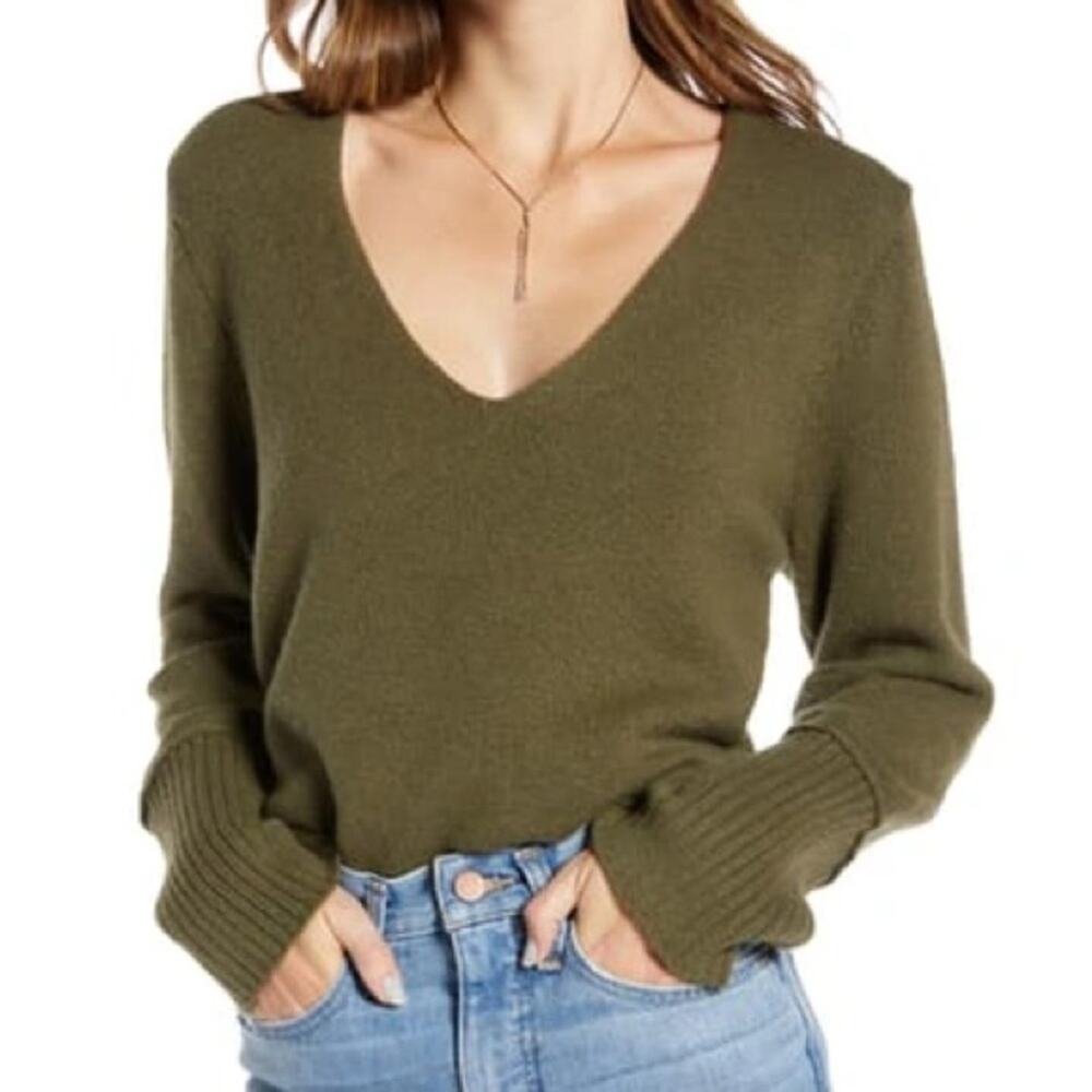 Something Navy Oversized Sweater Deep V‎ Neck Olive Green Size Medium